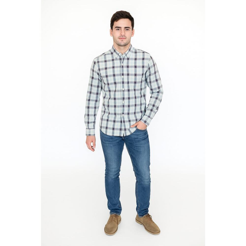 Old Navy Men's Button Up Shirt Gray Plaid Slim Fit Long Sleeve Size Small